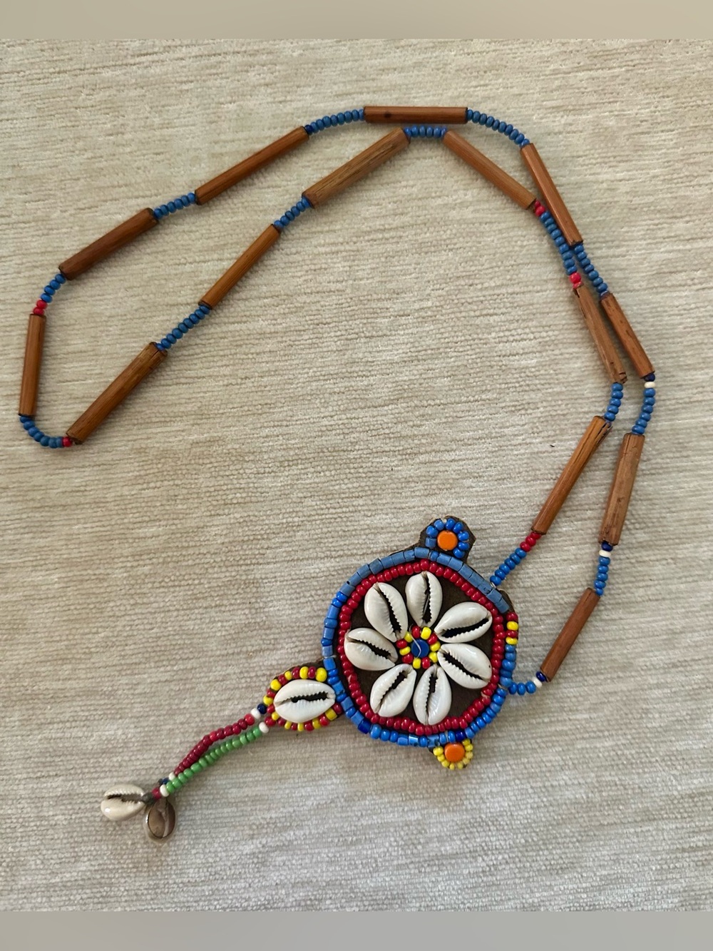 Antique Native-Style Handmade Leather Necklace with Beads and Cowrie Shells